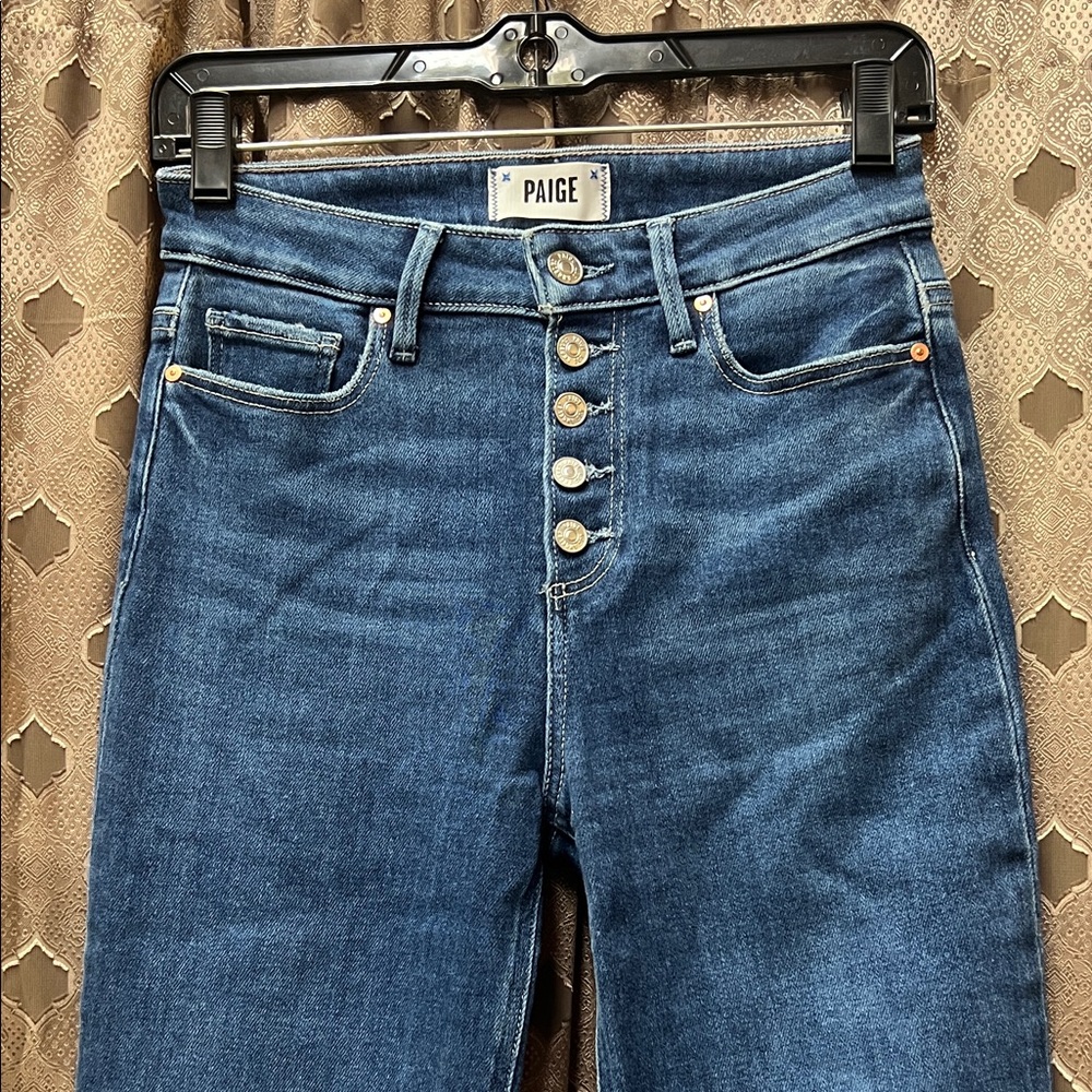 PAIGE High Rise Button-Fly Jeans in Dark Blue - Picture 3 of 14